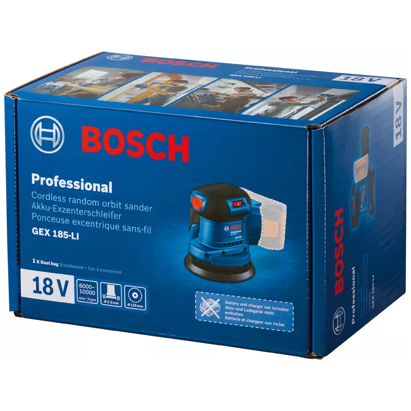 BOSCH Random Orbit Sander GEX 185-LI (Body Only, Dust Bag, Carton) 06013A5020