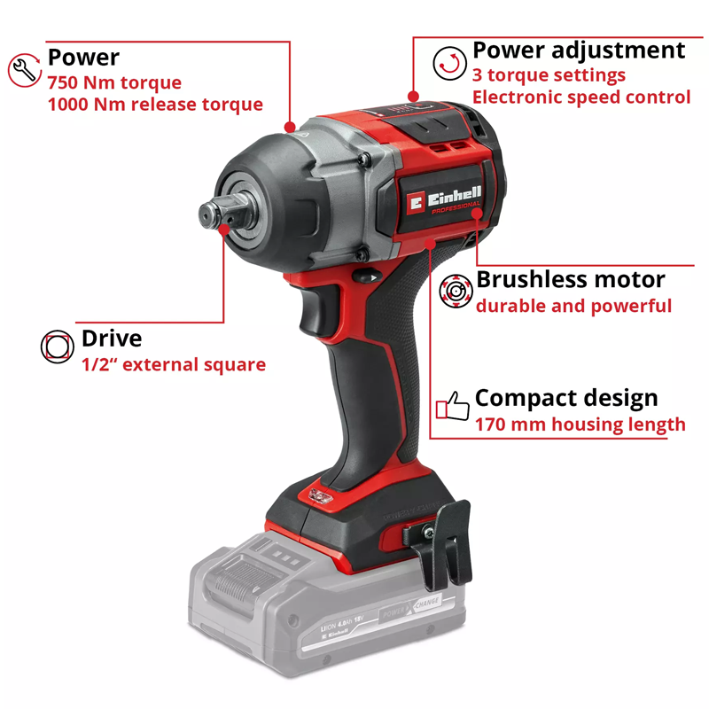 Einhell TP-CW 18/750-C Li BL - Solo PXC 18V 750NM Professional Brushless 3 SPEED Compact Impact Wrench Kit (5.2Ah & Charger) 4510065