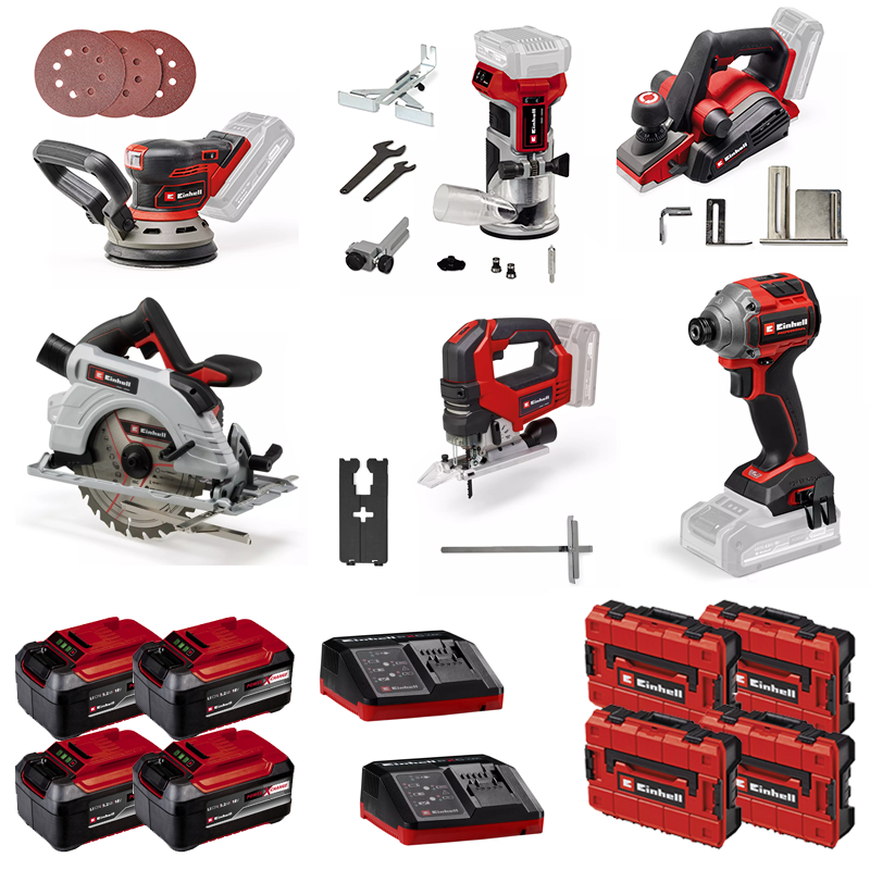 Einhell 18V 6pc Joiners Professional Trade Bundle (Impact Driver, Router, Sander, Circular Saw, Planer Jigsaw)