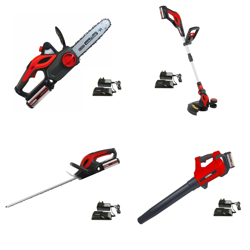 Cobra 24V 4pc Bundle (Grass Trimmer, Hedge Trimmer, Chainsaw, Leaf Blower, 4 Batteries, 4 Chargers)