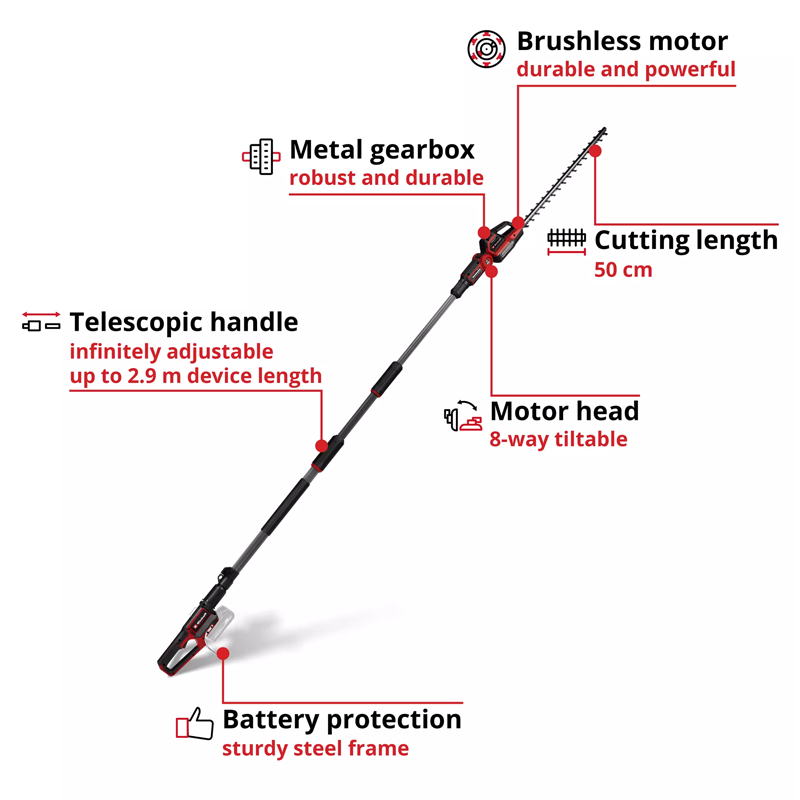 Einhell GP-HH 18/50 Li T BL-Solo PXC 18V Cordless Professional Brushless High Reach Hedge Trimmer 50cm Cutting Length(Body) 3410972