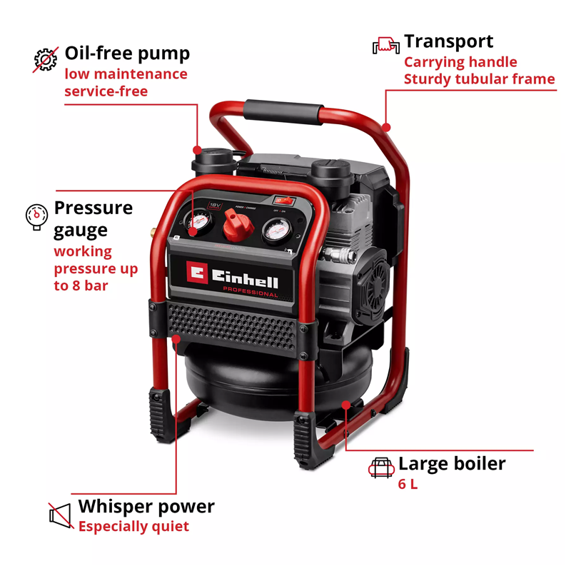 Einhell SILENZZO 18/160 PXC 18V Professional 6 LITRE 8 BAR SILENT OIL FREE COMPRESSOR (Body) 4020385