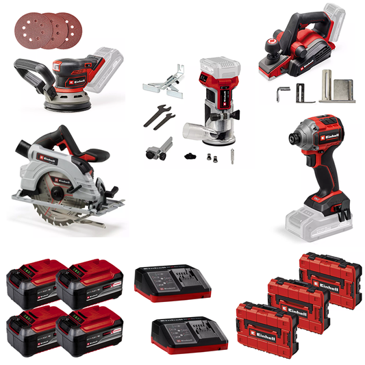 Einhell 18V 5pc Joiners Professional Trade Bundle (Impact Driver, Router, Sander, Circular Saw, Planer)