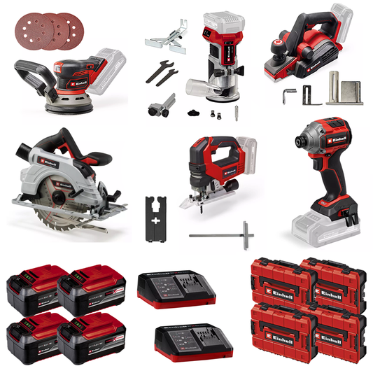 Einhell 18V 6pc Joiners Professional Trade Bundle (Impact Driver, Router, Sander, Circular Saw, Planer Jigsaw)